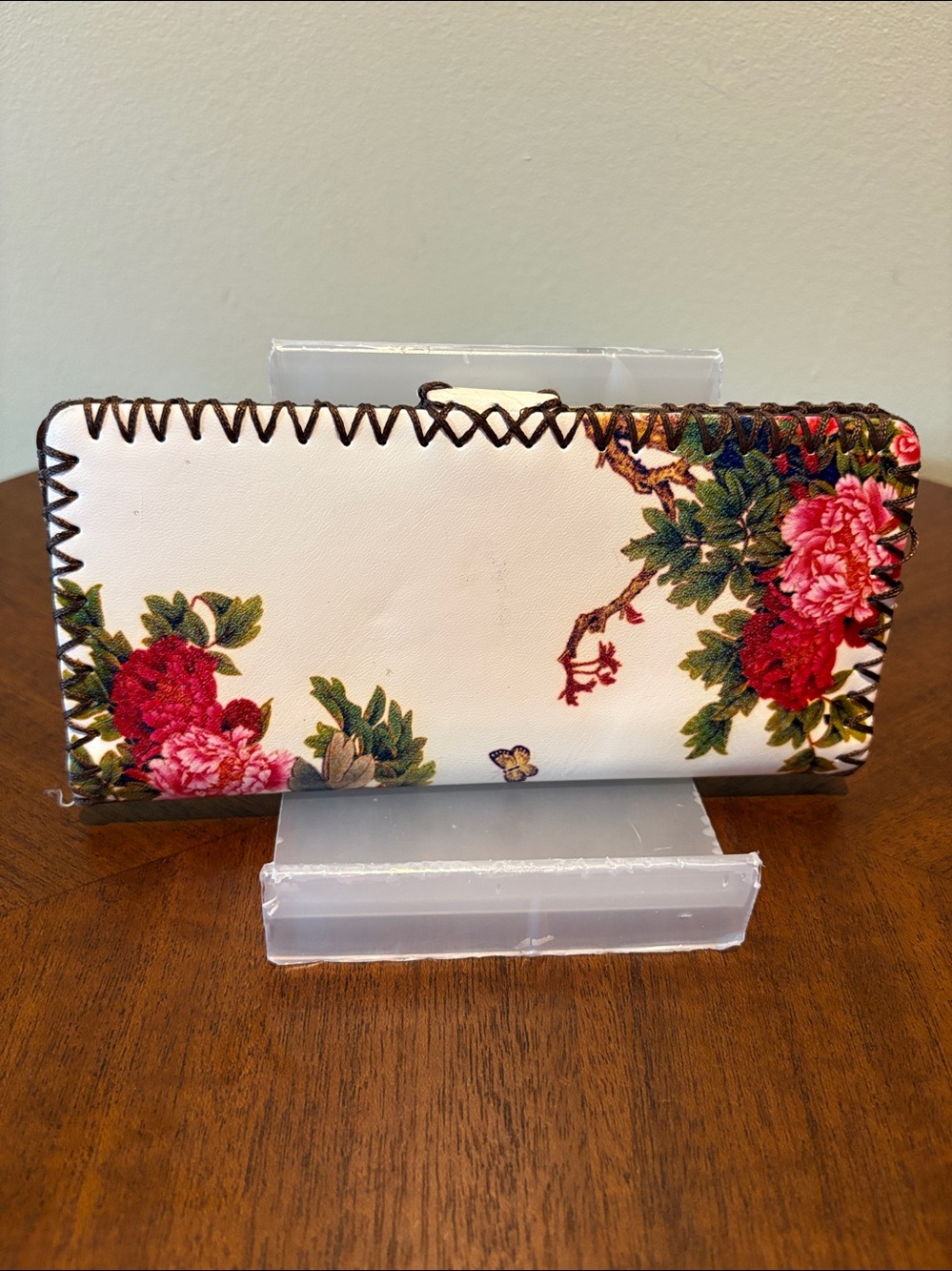 Floral Leather Wallet long wallet clutch Pink & Red Peony Print whip stitching - Picture 7 of 13